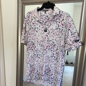 Bad Birdie White and Pink Splatter Polo